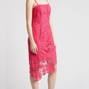 Adelyn Rae midi dress XS hot pink crochet lace Monica asymmetrical hem new $180